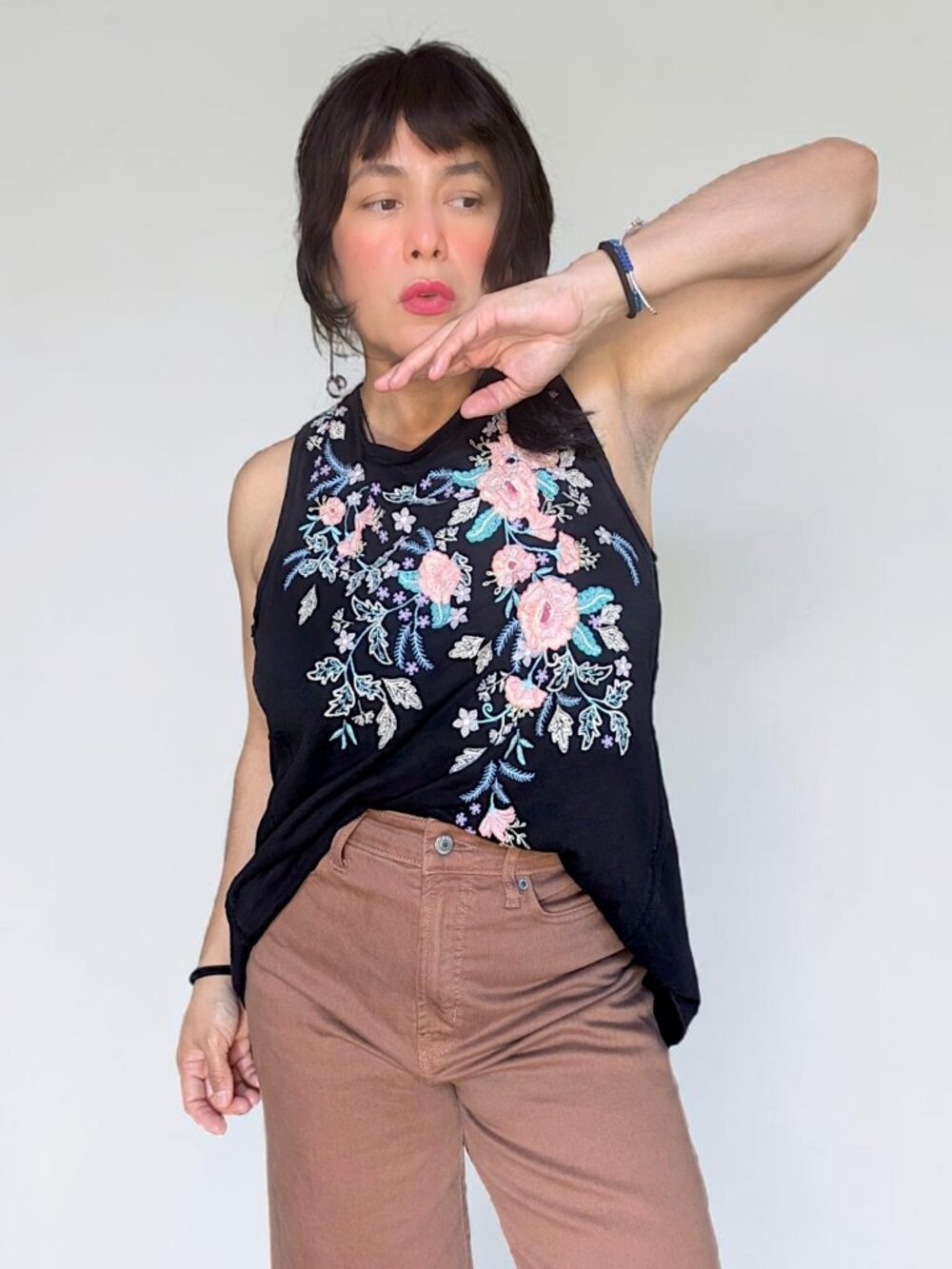Sundance 100% cotton black floral embroidery fairy boho cottage swing tank top M